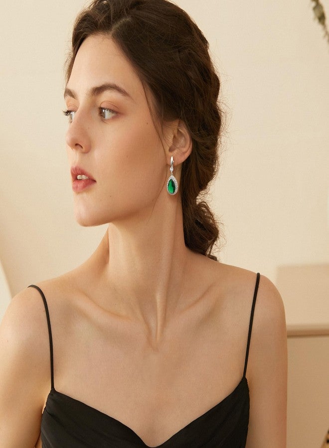 THUNARAZ Elegant Clip on Earrings for Women Sparkling Teardrop Dangle Clip Earrings Non-Pierced Green Rhinestone Cubic Zirconia Wedding Prom Jewelry Silver Tone - Image 5